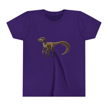 Youth Fiercely Feathered Velociraptor Tee – A Wild Splash of Style and Prehistoric Flair! 🦖💜🌿 - Unisex Jersey Short Sleeve Tee Super Comfy Dino T-Shirt Gift