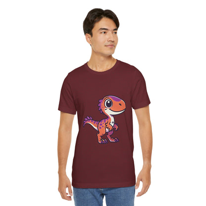 Adorable Cartoon Velociraptor Tee – Cute Dino Fun for All Ages! 🦖💜🧡 - Unisex Jersey Short Sleeve Tee Super Comfy Dino T-Shirt Gift