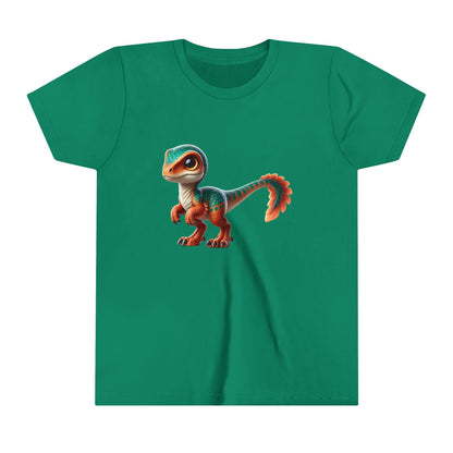 Youth Adorable Scaled Velociraptor Tee – Vibrant Dino Charm in Teal & Orange! 🦖🍃🔥 - Unisex Jersey Short Sleeve Tee Super Comfy Dino T-Shirt Gift