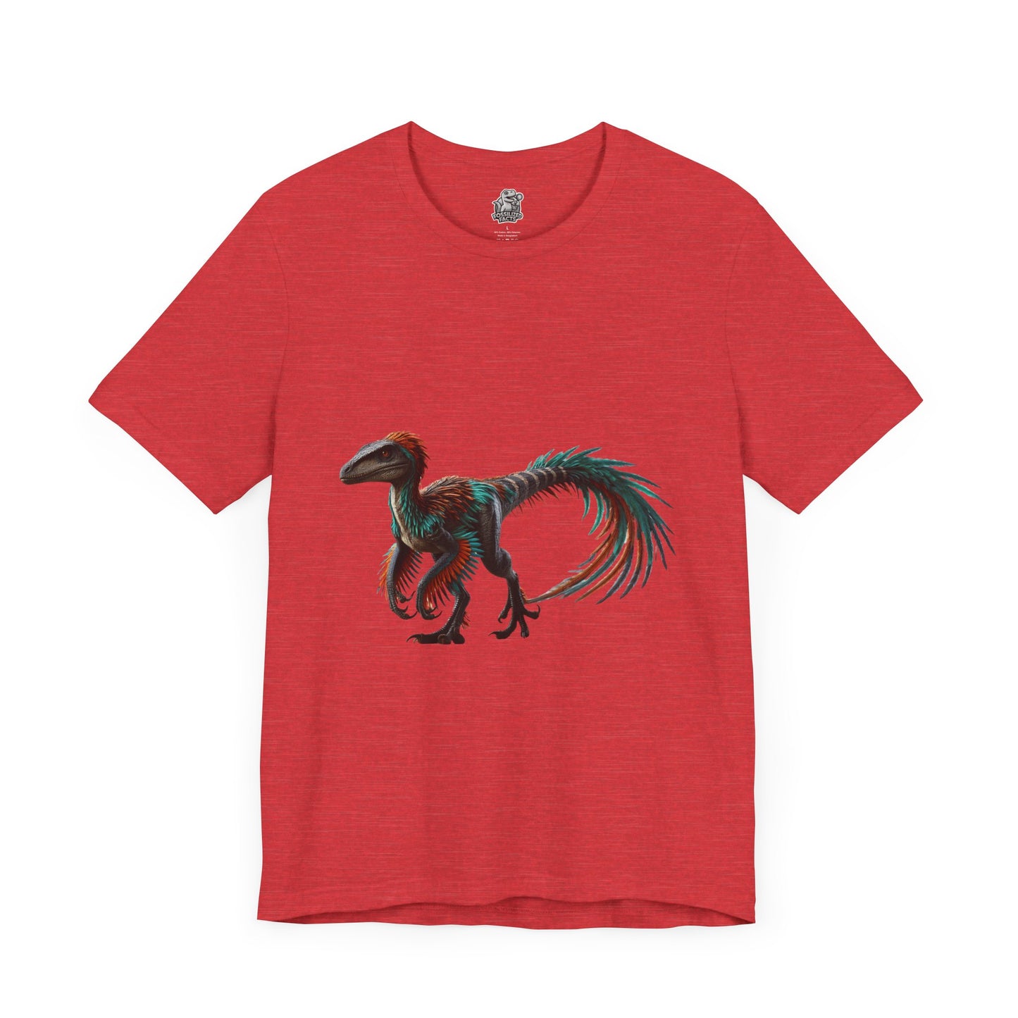 Stunning Feathered Velociraptor Tee – Bold Jungle Colors & Fierce Dino Style! 🦖🍂🌌 - Unisex Jersey Short Sleeve Tee Super Comfy Dino T-Shirt Gift