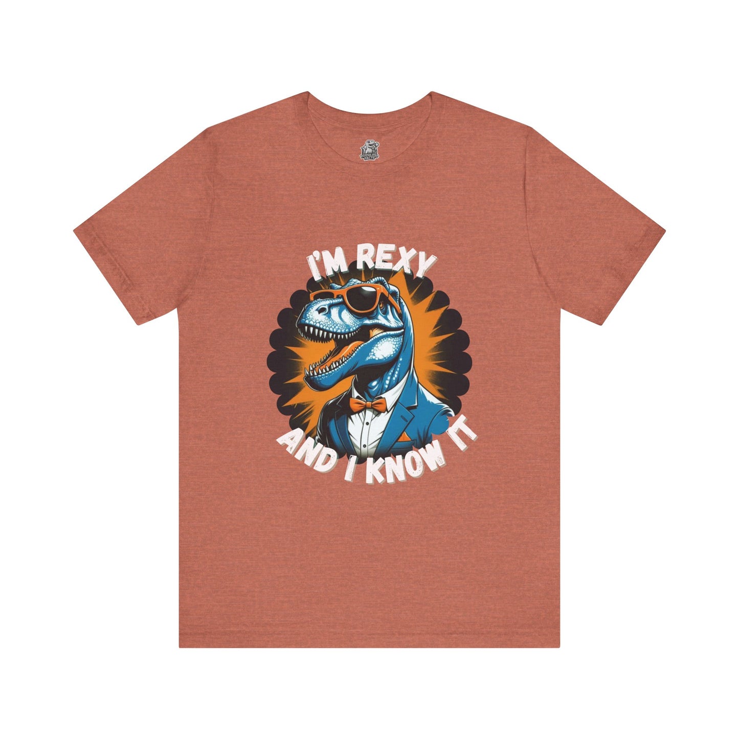 Rockin’ Rex – I’m Rexy and I Know It Unisex T-Shirt with Cool T-Rex in a Suit & Shades