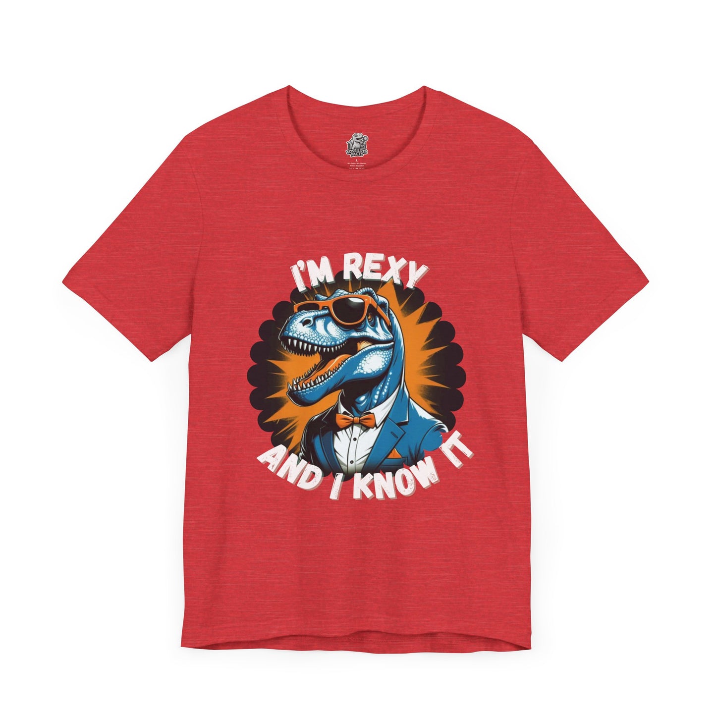 Rockin’ Rex – I’m Rexy and I Know It Unisex T-Shirt with Cool T-Rex in a Suit & Shades