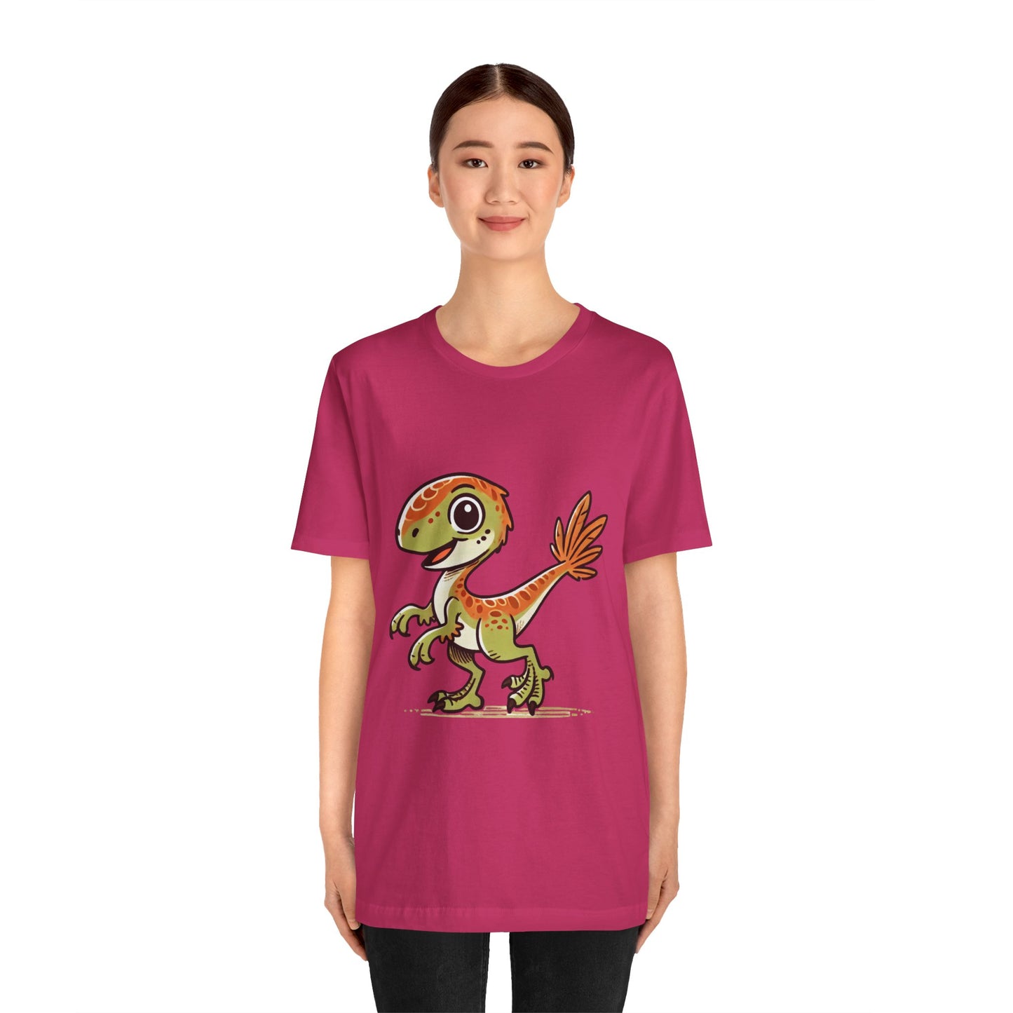 Playful Green Velociraptor Tee – Cute Dino Style with a Splash of Fun! 🦖🍂🌿 - Unisex Jersey Short Sleeve Tee Super Comfy Dino T-Shirt Gift