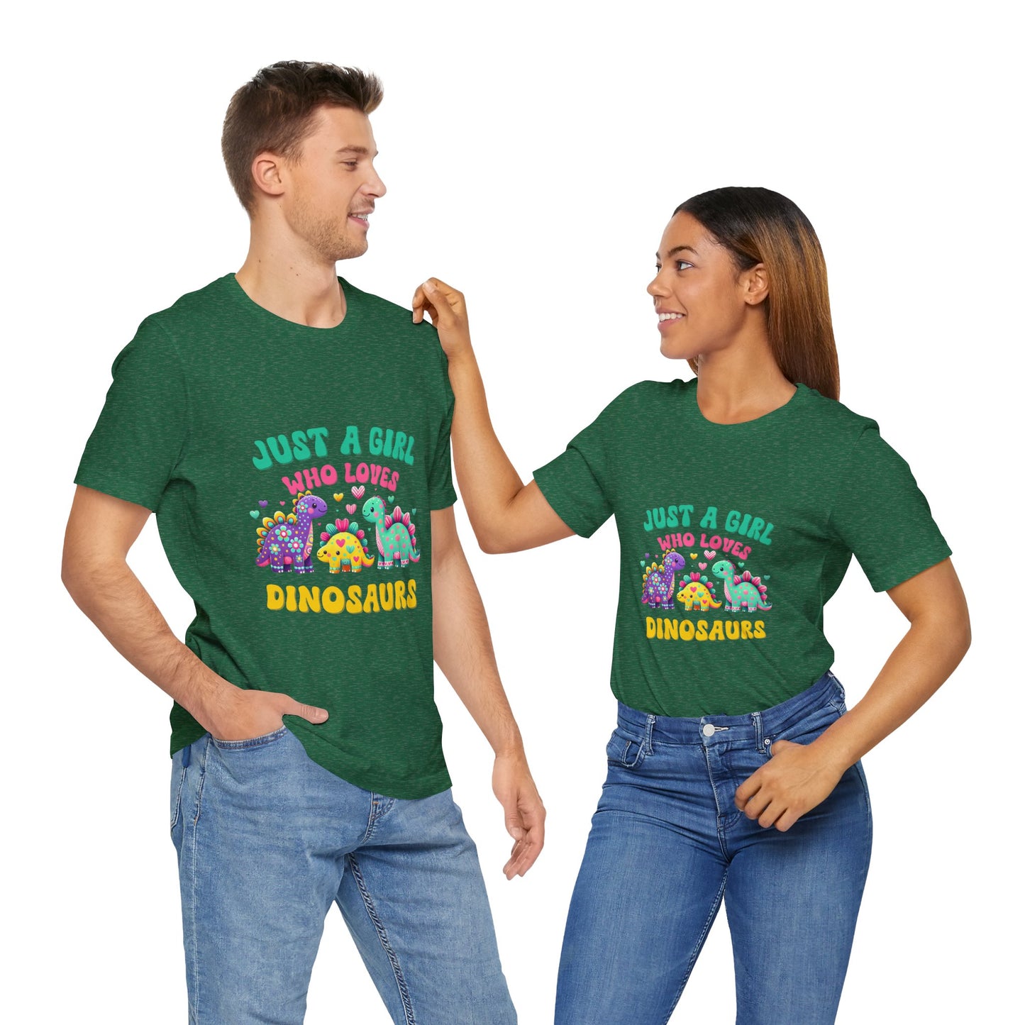 Just a Girl Who Loves Dinosaurs Unisex T-Shirt – Vibrant Dino Trio with Hearts & Flowers Design