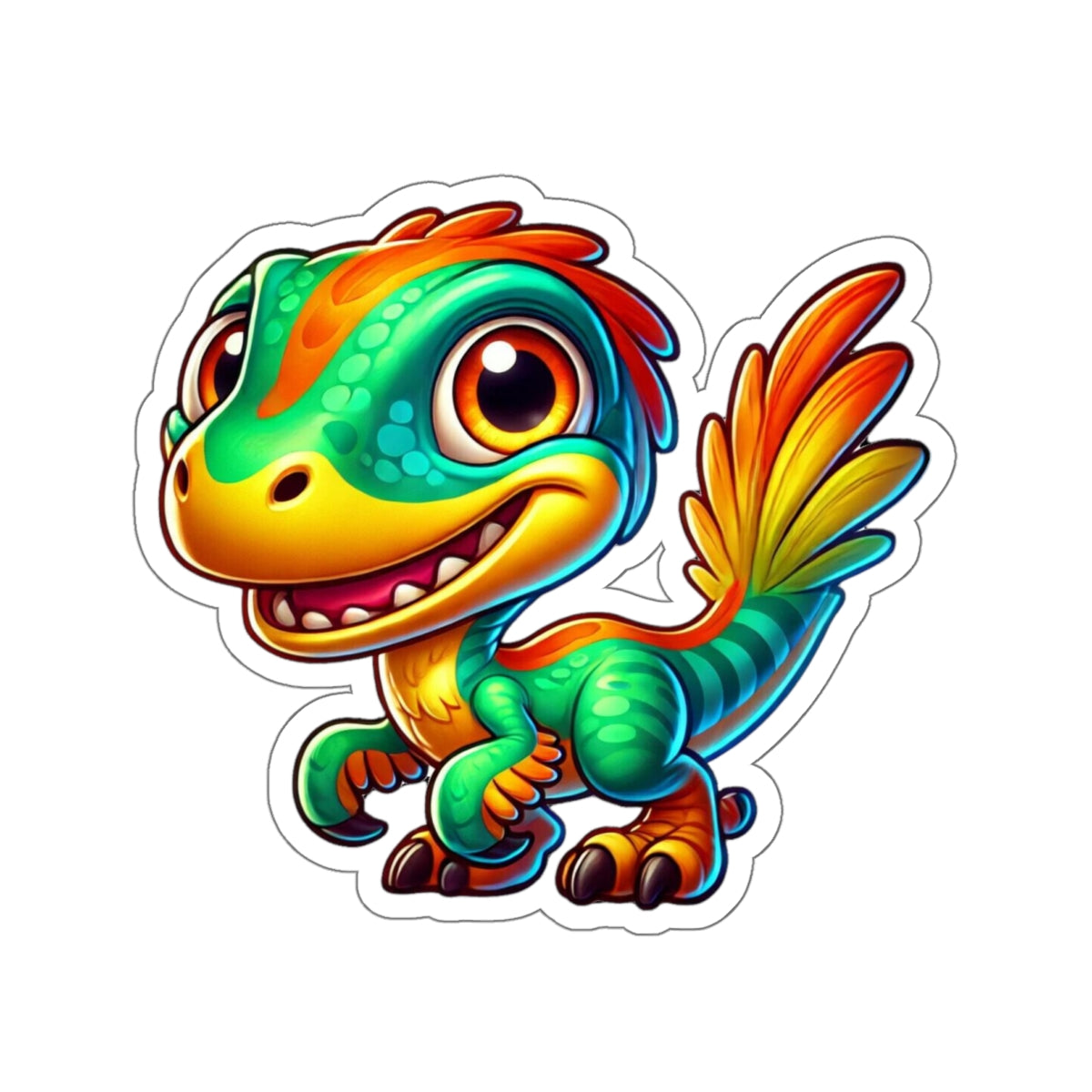 Adorable Green & Orange Velociraptor - Amazing Kiss-Cut Sticker Gift to dino decorate any surface Great Birthday Gift