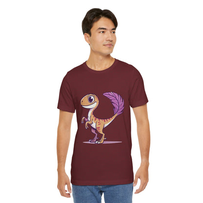 Friendly Feathered Velociraptor Tee – Cute Dino Style with a Splash of Color! 🦖💜🍃 – A Wild Splash of Style and Prehistoric Flair! 🦖💜🌿 - Unisex Jersey Short Sleeve Tee Super Comfy Dino T-Shirt Gift