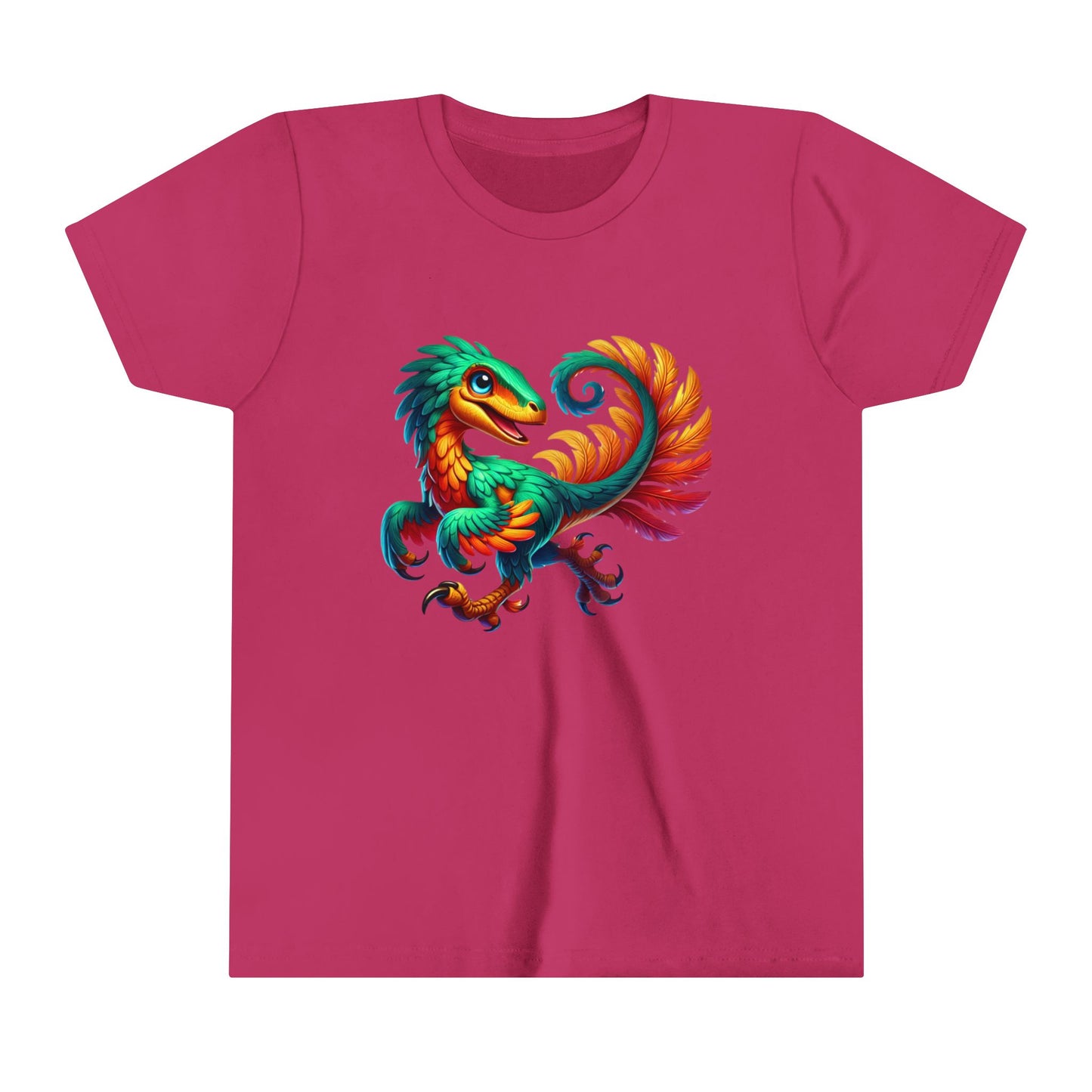 Youth Exotic Rainbow-Feathered Velociraptor  – Stunningly Realistic & Playful - Unisex Jersey Short Sleeve Tee Super Comfy Dino T-Shirt Gift