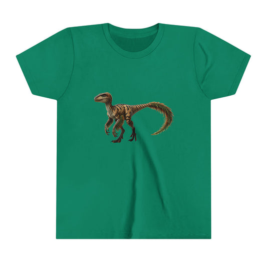 Youth Fiercely Feathered Velociraptor Tee – A Wild Splash of Style and Prehistoric Flair! 🦖💜🌿 - Unisex Jersey Short Sleeve Tee Super Comfy Dino T-Shirt Gift