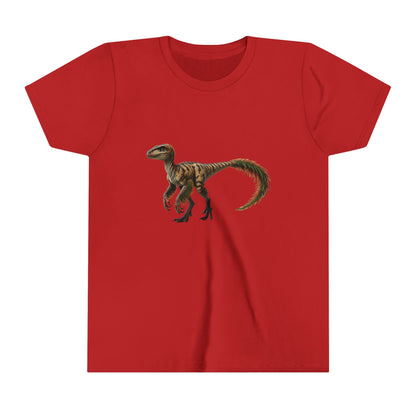 Youth Fiercely Feathered Velociraptor Tee – A Wild Splash of Style and Prehistoric Flair! 🦖💜🌿 - Unisex Jersey Short Sleeve Tee Super Comfy Dino T-Shirt Gift