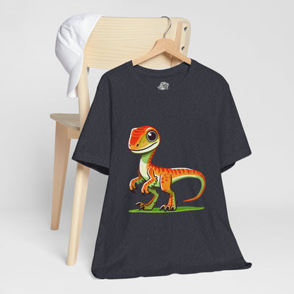 Bright & Bold Velociraptor Tee – Adorable Dino Fun in Orange & Green! 🦖🍊🌿 - Unisex Jersey Short Sleeve Tee Super Comfy Dino T-Shirt Gift