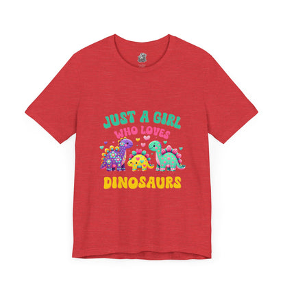 Just a Girl Who Loves Dinosaurs Unisex T-Shirt – Vibrant Dino Trio with Hearts & Flowers Design