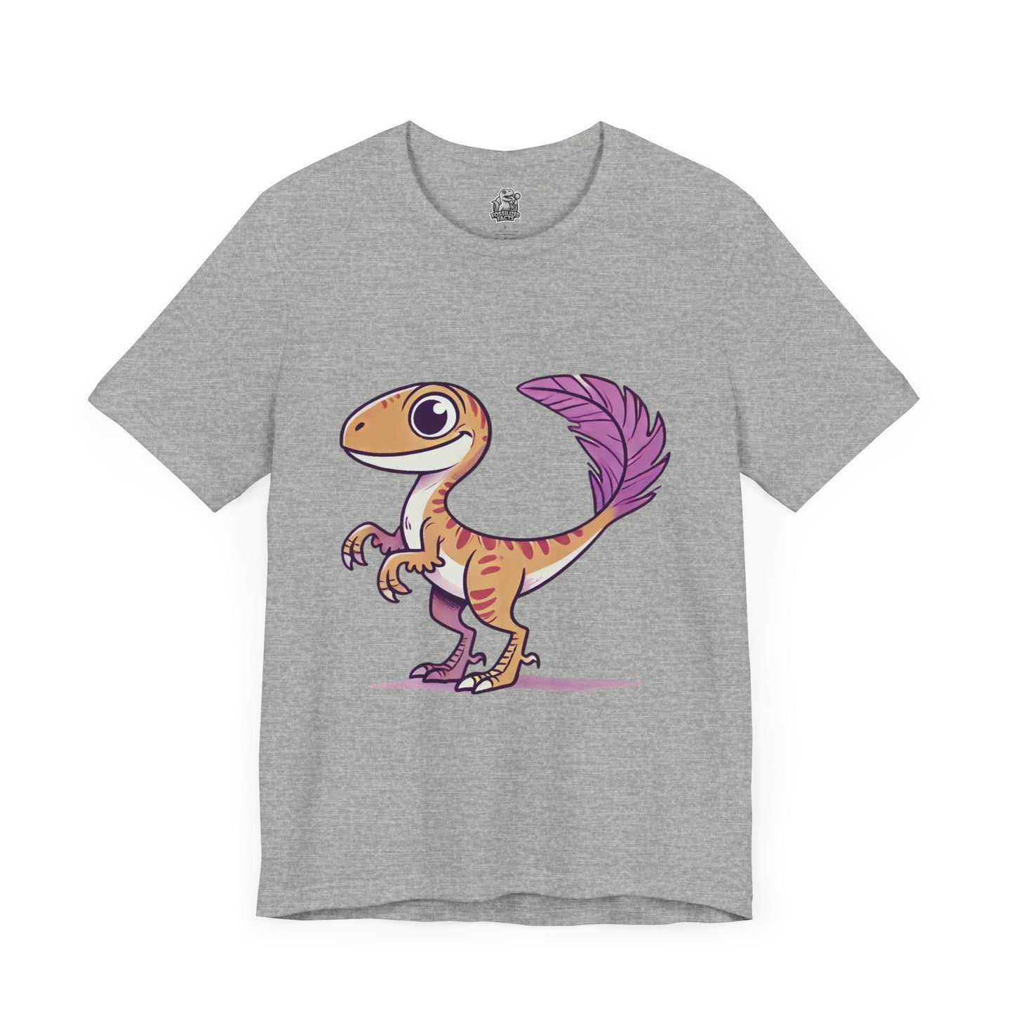 Friendly Feathered Velociraptor Tee – Cute Dino Style with a Splash of Color! 🦖💜🍃 – A Wild Splash of Style and Prehistoric Flair! 🦖💜🌿 - Unisex Jersey Short Sleeve Tee Super Comfy Dino T-Shirt Gift