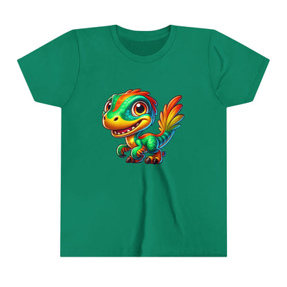 Youth Adorable Green & Orange Velociraptor for Dino-Loving Kids! - Unisex Jersey Short Sleeve Tee Super Comfy Dino T-Shirt Gift