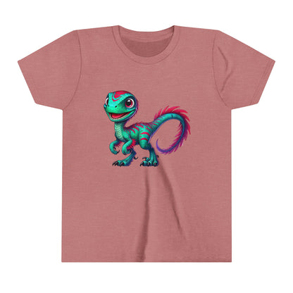 Youth Bright & Bold Velociraptor Tee – Stand Out with Dino Style! 🦖💜💚 - Unisex Jersey Short Sleeve Tee Super Comfy Dino T-Shirt Gift