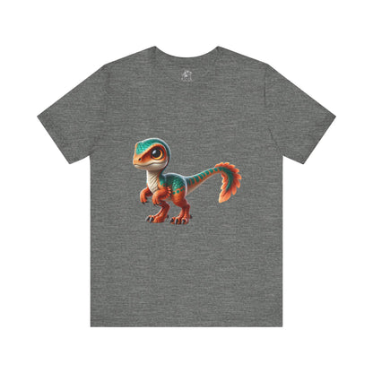 Adorable Scaled Velociraptor Tee – Vibrant Dino Charm in Teal & Orange! 🦖🍃🔥 - Unisex Jersey Short Sleeve Tee Super Comfy Dino T-Shirt Gift