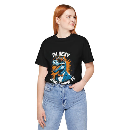 Rockin’ Rex – I’m Rexy and I Know It Unisex T-Shirt with Cool T-Rex in a Suit & Shades