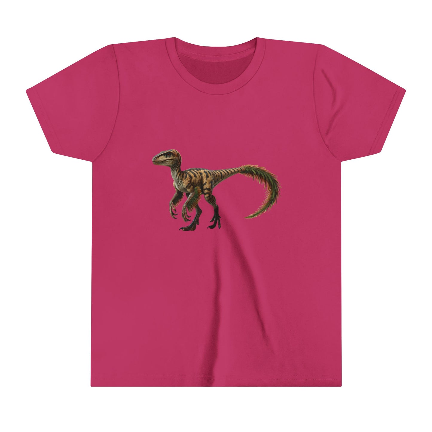 Youth Fiercely Feathered Velociraptor Tee – A Wild Splash of Style and Prehistoric Flair! 🦖💜🌿 - Unisex Jersey Short Sleeve Tee Super Comfy Dino T-Shirt Gift