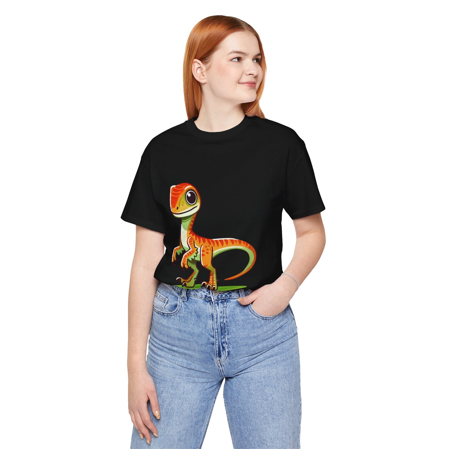 Bright & Bold Velociraptor Tee – Adorable Dino Fun in Orange & Green! 🦖🍊🌿 - Unisex Jersey Short Sleeve Tee Super Comfy Dino T-Shirt Gift