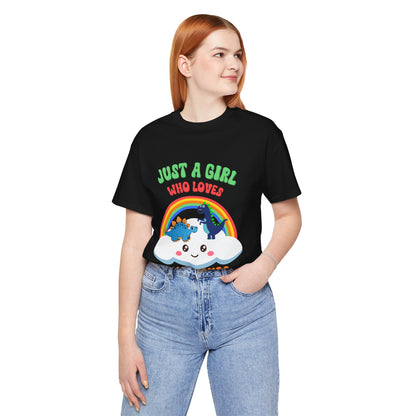 Just a Girl Who Loves Dinosaurs Unisex T-Shirt – Adorable Rainbow, Kawaii Cloud, and Fun Cartoon Dino Design