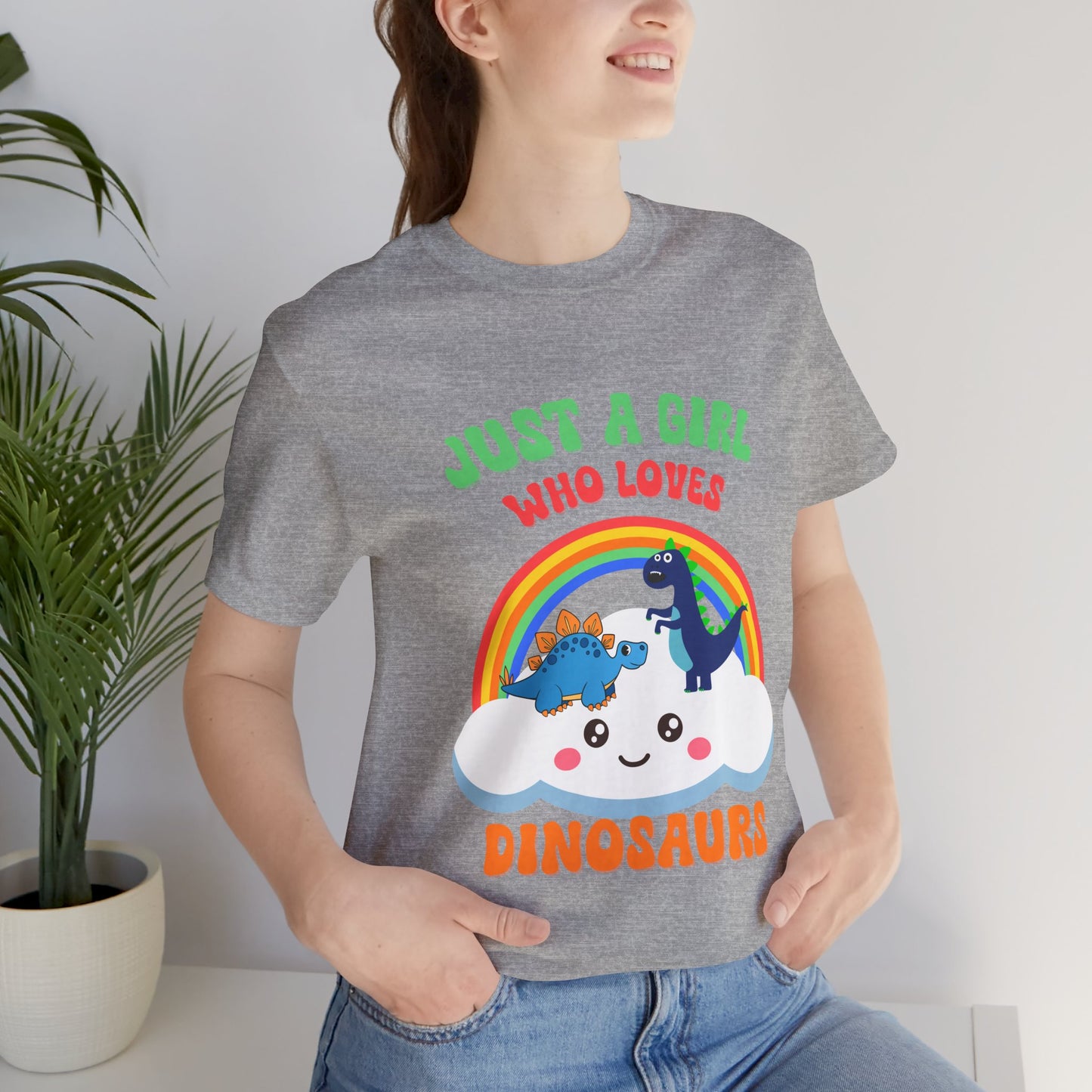 Just a Girl Who Loves Dinosaurs Unisex T-Shirt – Adorable Rainbow, Kawaii Cloud, and Fun Cartoon Dino Design