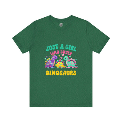 Just a Girl Who Loves Dinosaurs Unisex T-Shirt – Vibrant Dino Trio with Hearts & Flowers Design