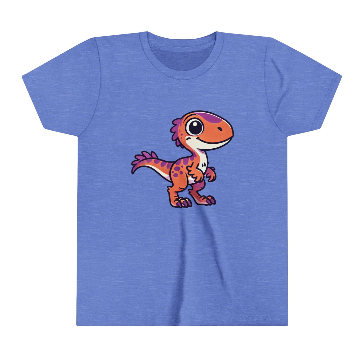 Youth Adorable Cartoon Velociraptor Tee – Cute Dino Fun for All Ages! 🦖💜🧡 - Unisex Jersey Short Sleeve Tee Super Comfy Dino T-Shirt Gift