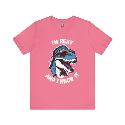 Rockstar Rex – I’m Rexy and I Know It Unisex T-Shirt with Cool T-Rex in Sunglasses & Hair