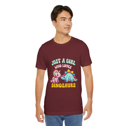 Just a Girl Who Loves Dinosaurs Unisex T-Shirt – Rainbow Triceratops & Colorful Stegosaurus Design