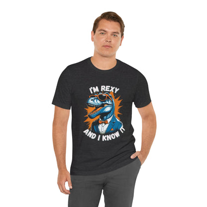 Suave Rex – I’m Rexy and I Know It Unisex T-Shirt with Stylish T-Rex in Shades & Suit