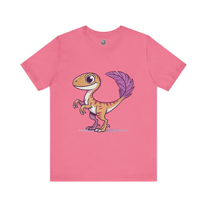 Friendly Feathered Velociraptor Tee – Cute Dino Style with a Splash of Color! 🦖💜🍃 – A Wild Splash of Style and Prehistoric Flair! 🦖💜🌿 - Unisex Jersey Short Sleeve Tee Super Comfy Dino T-Shirt Gift