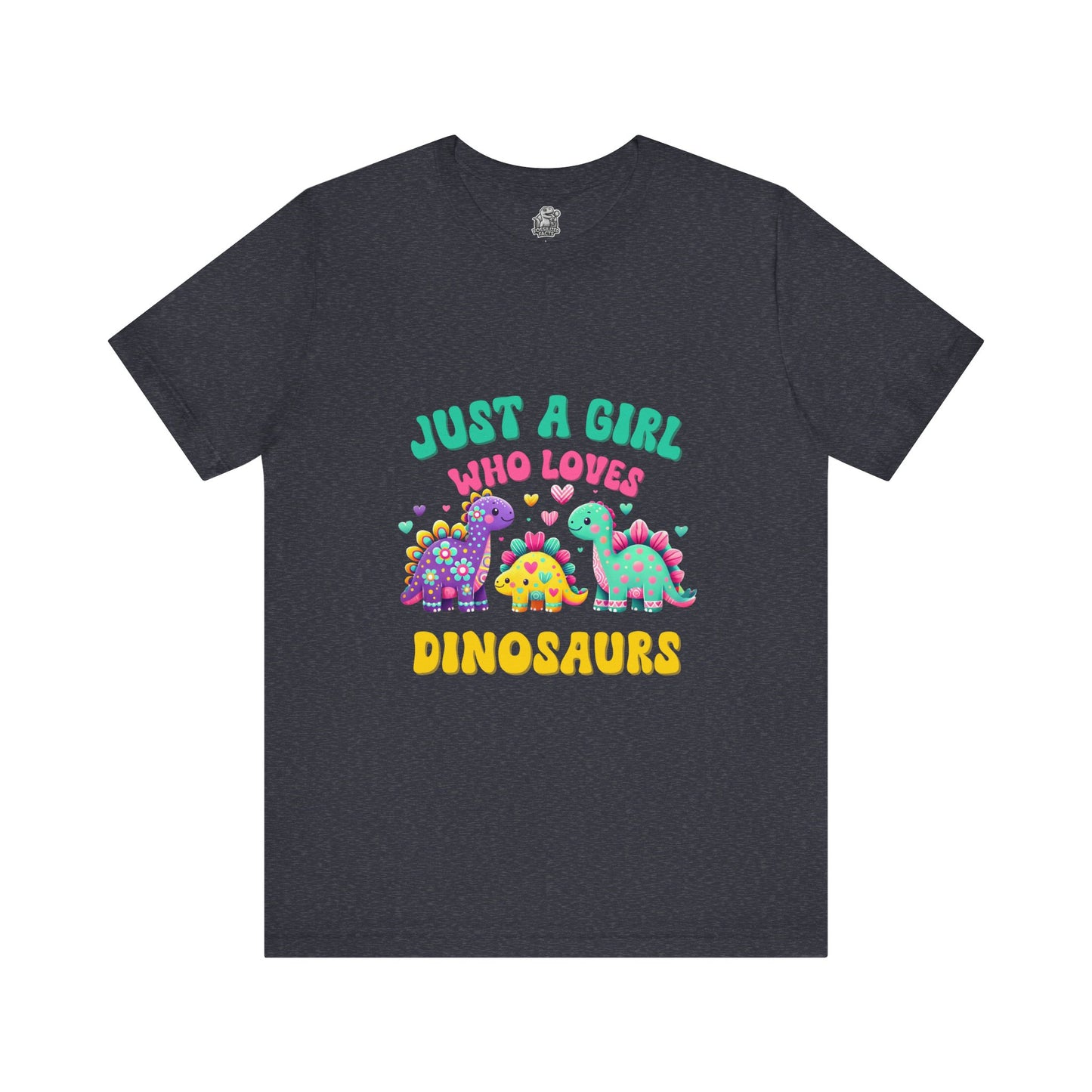 Just a Girl Who Loves Dinosaurs Unisex T-Shirt – Vibrant Dino Trio with Hearts & Flowers Design