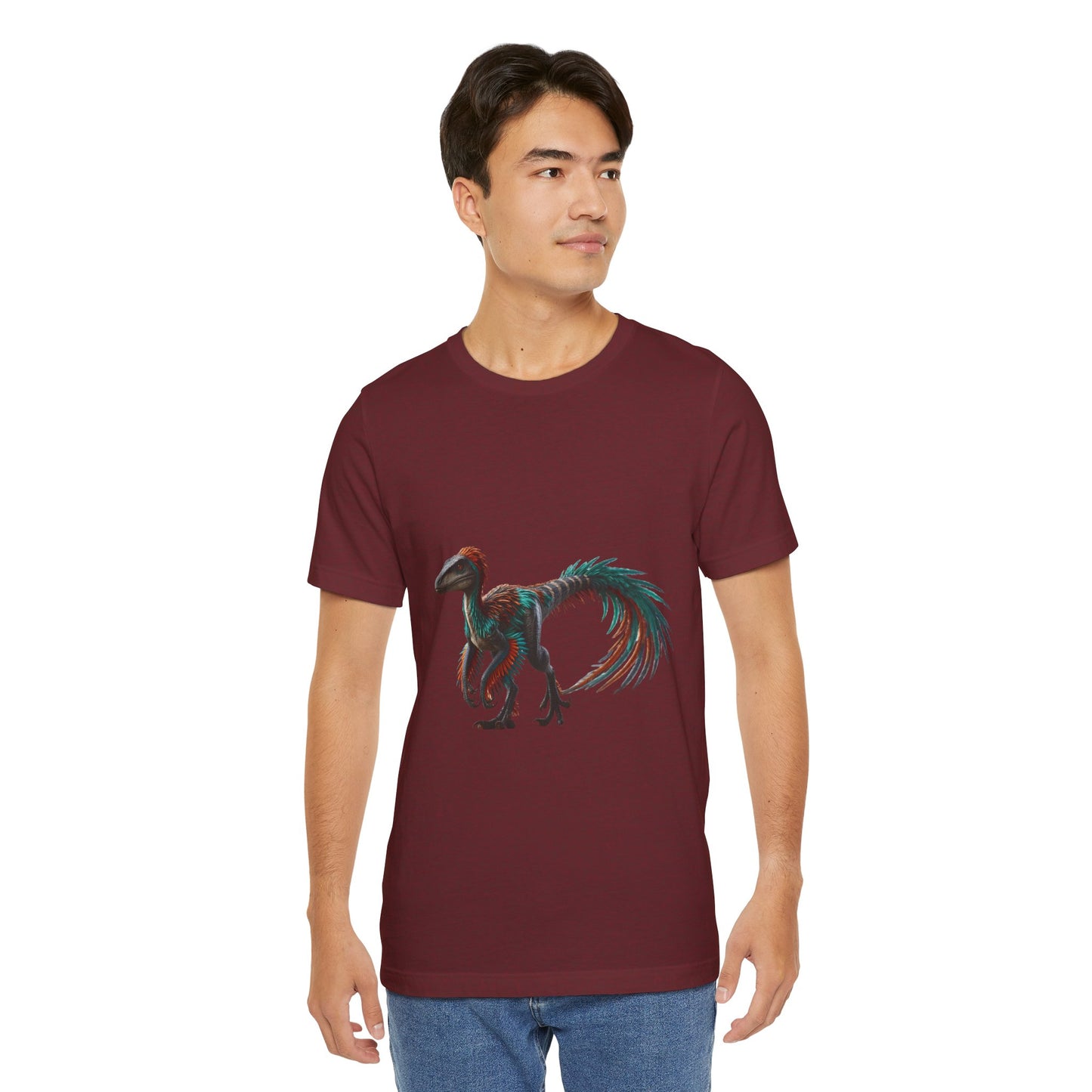 Stunning Feathered Velociraptor Tee – Bold Jungle Colors & Fierce Dino Style! 🦖🍂🌌 - Unisex Jersey Short Sleeve Tee Super Comfy Dino T-Shirt Gift