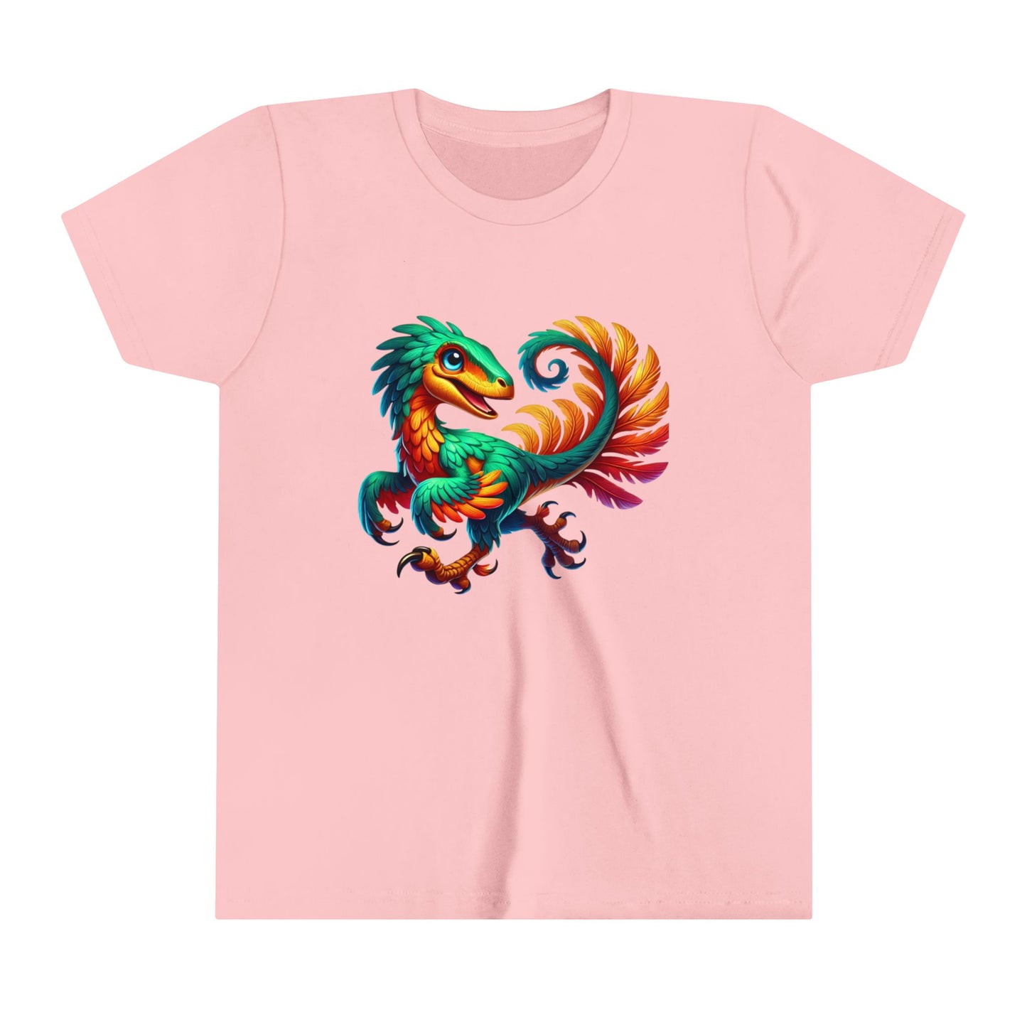 Youth Exotic Rainbow-Feathered Velociraptor  – Stunningly Realistic & Playful - Unisex Jersey Short Sleeve Tee Super Comfy Dino T-Shirt Gift