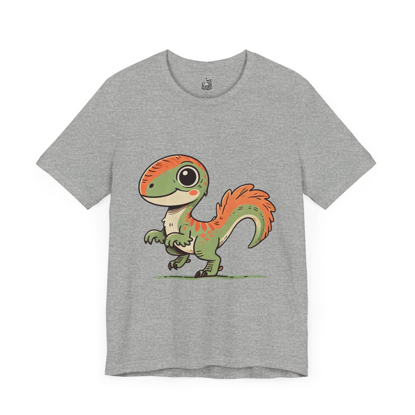 Charming Green & Orange Velociraptor Tee – Dino Delight for All Ages! 🦖🍃🧡 - Unisex Jersey Short Sleeve Tee Super Comfy Dino T-Shirt Gift