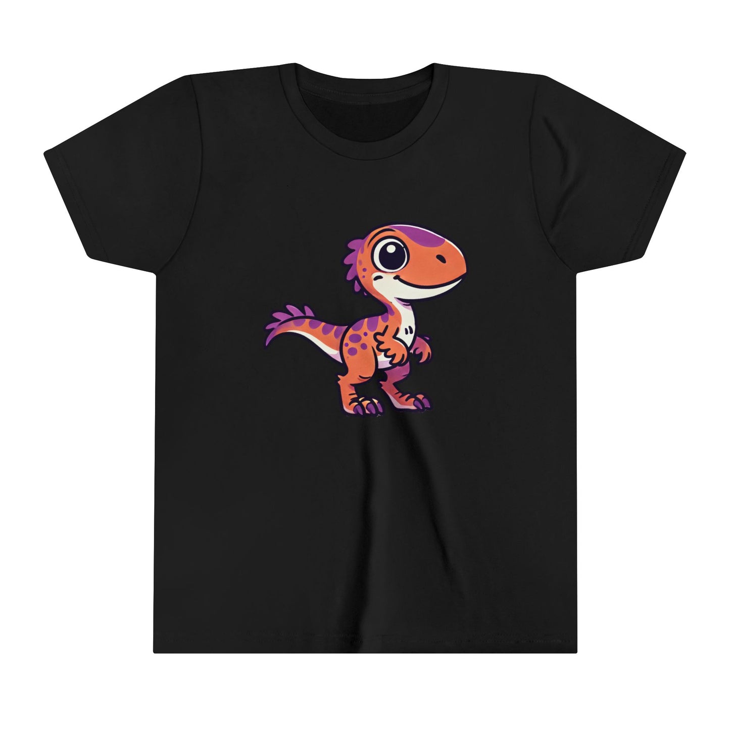 Youth Adorable Cartoon Velociraptor Tee – Cute Dino Fun for All Ages! 🦖💜🧡 - Unisex Jersey Short Sleeve Tee Super Comfy Dino T-Shirt Gift