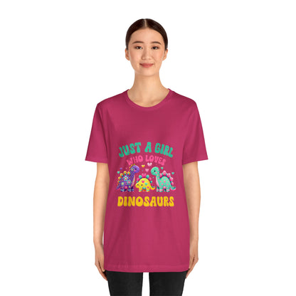 Just a Girl Who Loves Dinosaurs Unisex T-Shirt – Vibrant Dino Trio with Hearts & Flowers Design