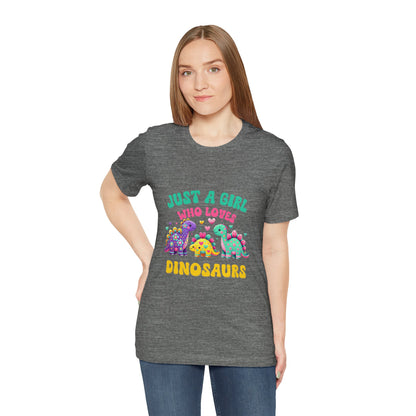 Just a Girl Who Loves Dinosaurs Unisex T-Shirt – Vibrant Dino Trio with Hearts & Flowers Design