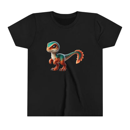 Youth Adorable Scaled Velociraptor Tee – Vibrant Dino Charm in Teal & Orange! 🦖🍃🔥 - Unisex Jersey Short Sleeve Tee Super Comfy Dino T-Shirt Gift