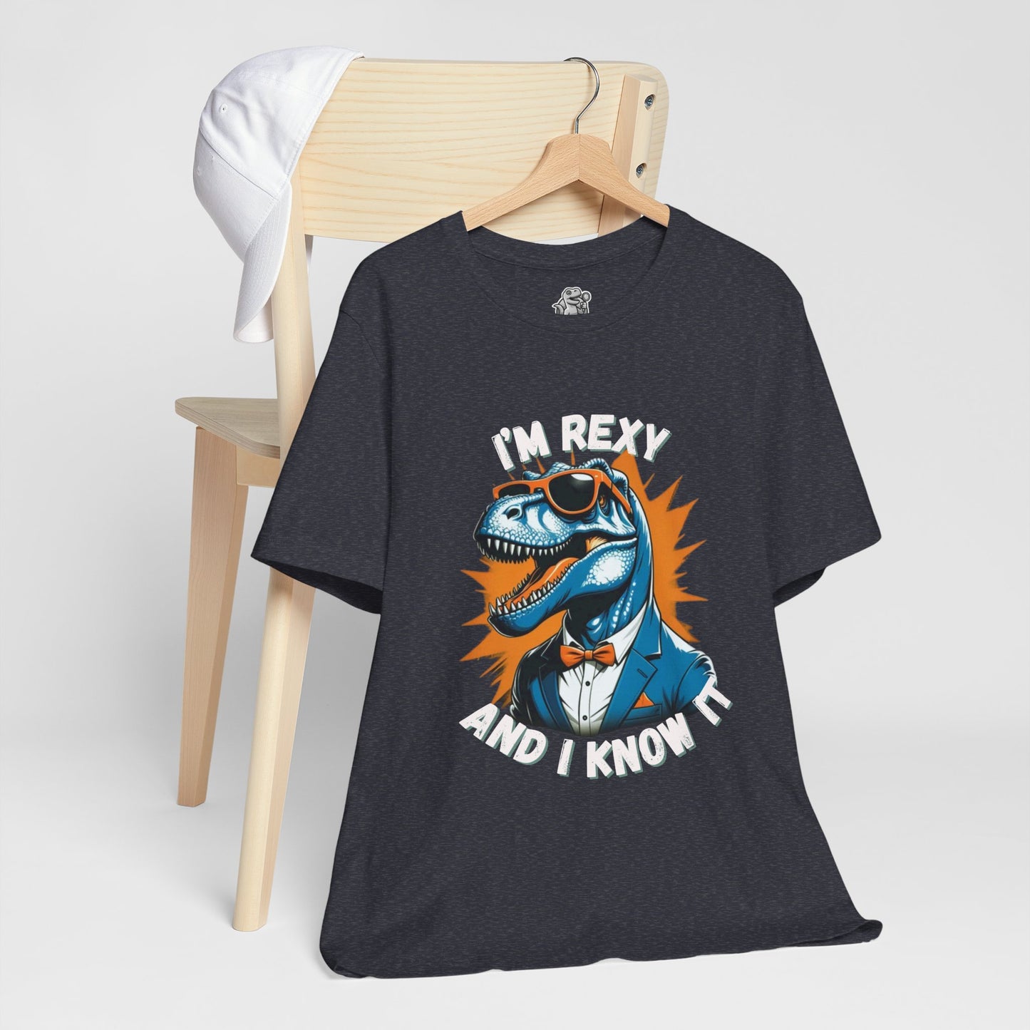 Suave Rex – I’m Rexy and I Know It Unisex T-Shirt with Stylish T-Rex in Shades & Suit