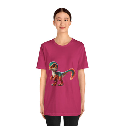 Adorable Scaled Velociraptor Tee – Vibrant Dino Charm in Teal & Orange! 🦖🍃🔥 - Unisex Jersey Short Sleeve Tee Super Comfy Dino T-Shirt Gift