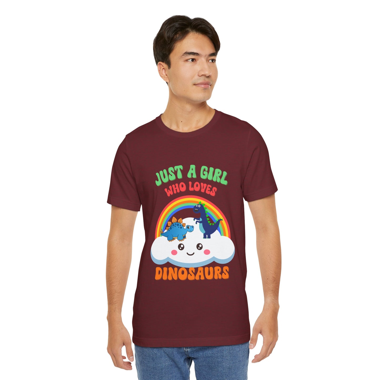 Just a Girl Who Loves Dinosaurs Unisex T-Shirt – Adorable Rainbow, Kawaii Cloud, and Fun Cartoon Dino Design