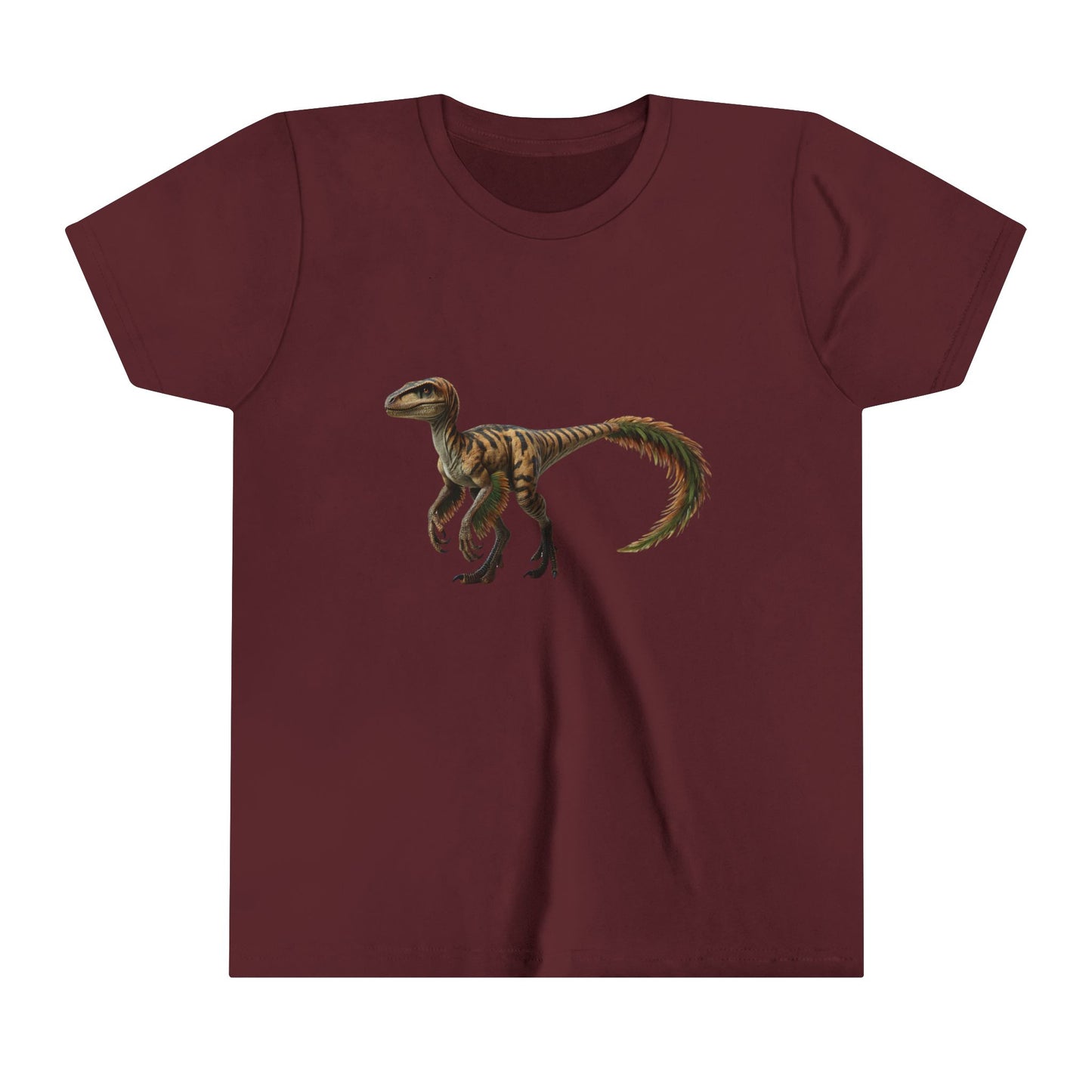 Youth Fiercely Feathered Velociraptor Tee – A Wild Splash of Style and Prehistoric Flair! 🦖💜🌿 - Unisex Jersey Short Sleeve Tee Super Comfy Dino T-Shirt Gift