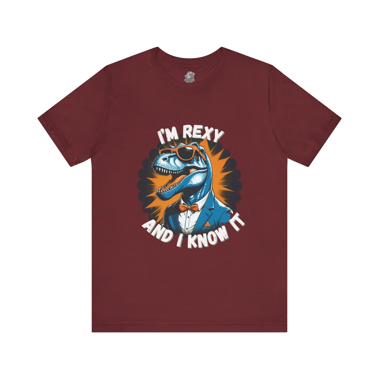 Rockin’ Rex – I’m Rexy and I Know It Unisex T-Shirt with Cool T-Rex in a Suit & Shades