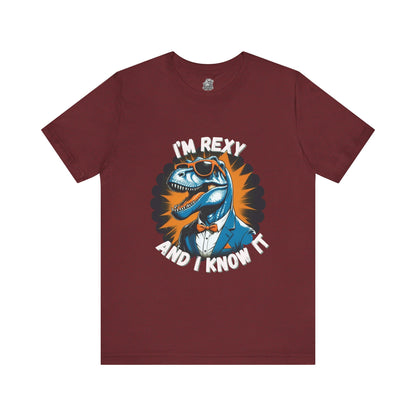 Rockin’ Rex – I’m Rexy and I Know It Unisex T-Shirt with Cool T-Rex in a Suit & Shades