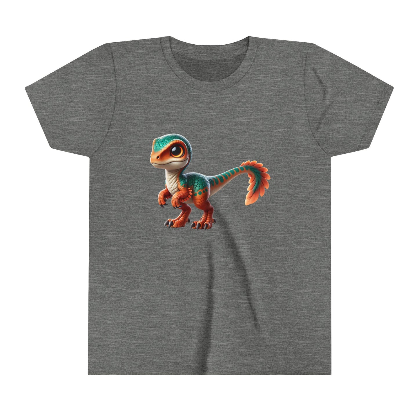 Youth Adorable Scaled Velociraptor Tee – Vibrant Dino Charm in Teal & Orange! 🦖🍃🔥 - Unisex Jersey Short Sleeve Tee Super Comfy Dino T-Shirt Gift