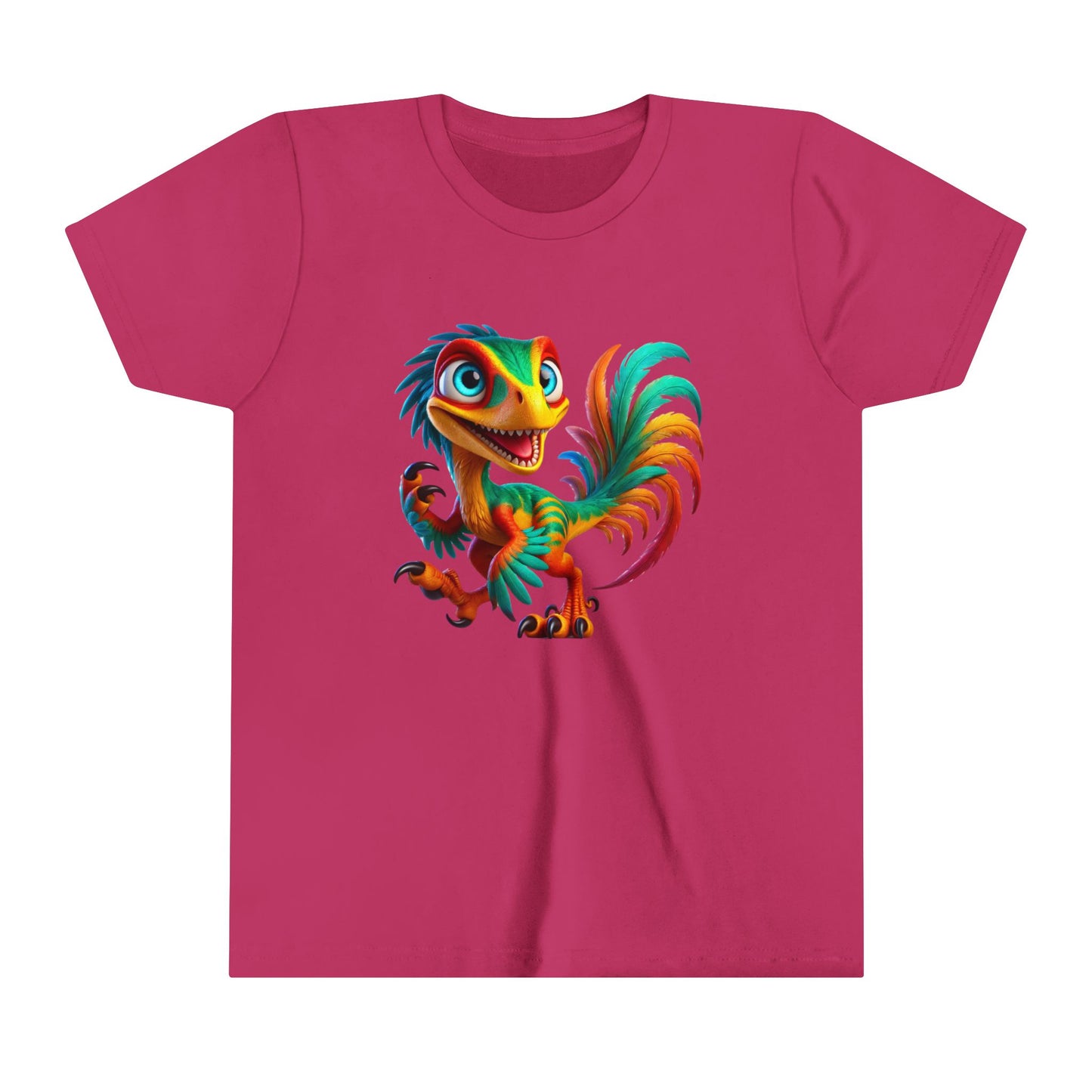 Youth Colorful & Lively Velociraptor with Vibrant Feathers – Perfect for Dino Lovers! - Unisex Jersey Short Sleeve Tee Super Comfy Dino T-Shirt Gift