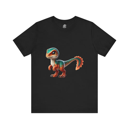 Adorable Scaled Velociraptor Tee – Vibrant Dino Charm in Teal & Orange! 🦖🍃🔥 - Unisex Jersey Short Sleeve Tee Super Comfy Dino T-Shirt Gift