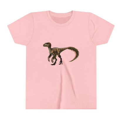 Youth Fiercely Feathered Velociraptor Tee – A Wild Splash of Style and Prehistoric Flair! 🦖💜🌿 - Unisex Jersey Short Sleeve Tee Super Comfy Dino T-Shirt Gift