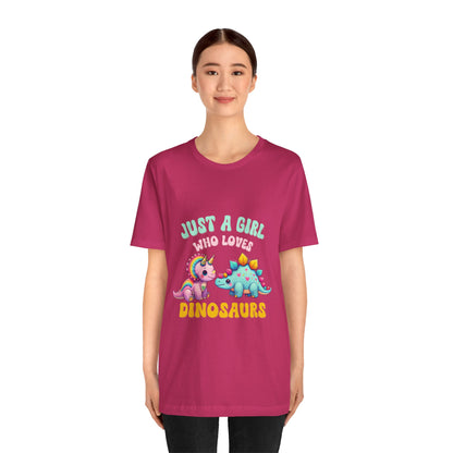 Just a Girl Who Loves Dinosaurs Unisex T-Shirt – Rainbow Triceratops & Colorful Stegosaurus Design