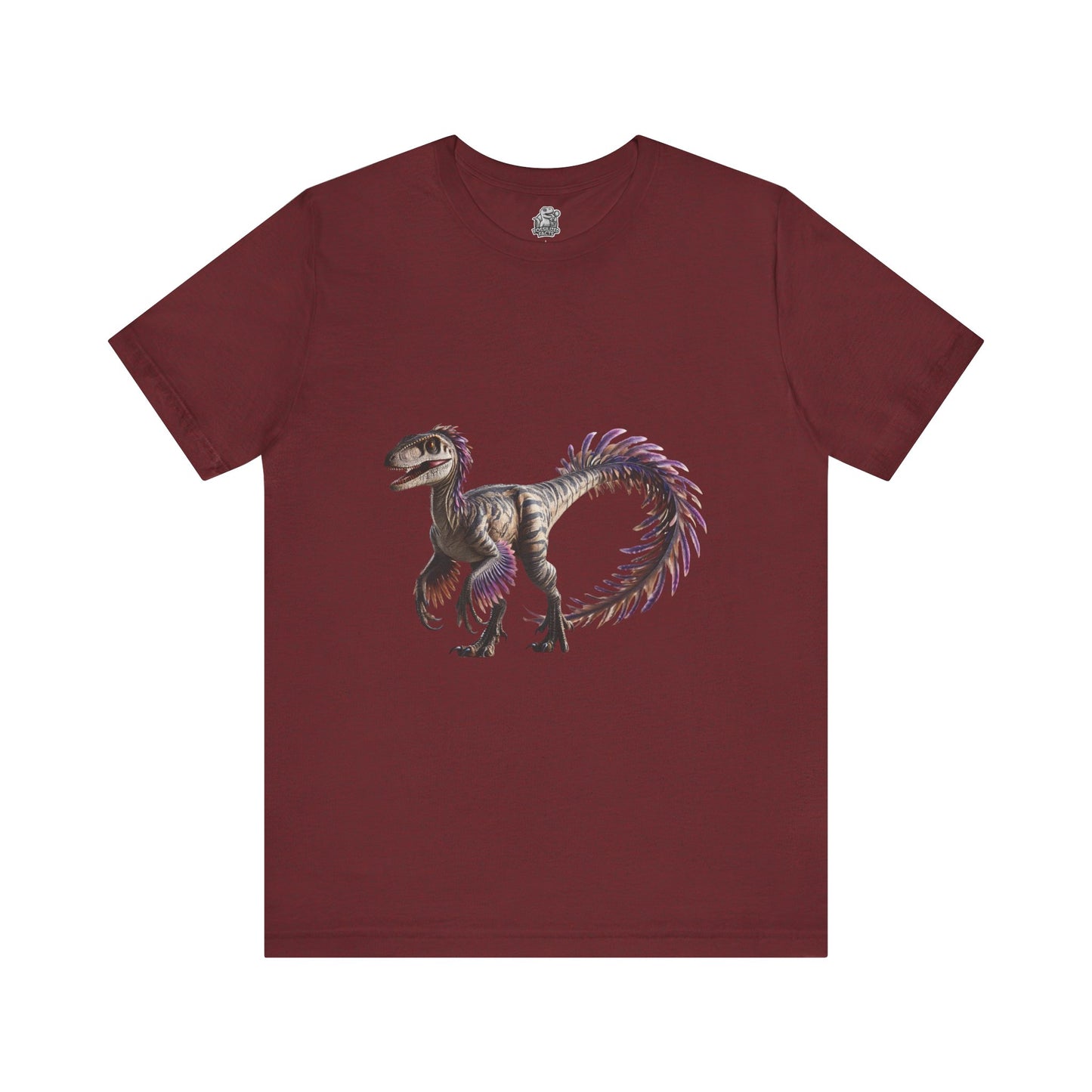 Fiercely Feathered Velociraptor Tee – A Wild Splash of Style and Prehistoric Flair! 🦖💜🌿 - Unisex Jersey Short Sleeve Tee Super Comfy Dino T-Shirt Gift